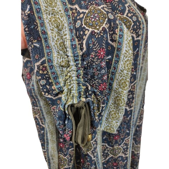 Avenue Womens Boho Tunic Green Floral Gauzey Ruched Tie Sleeves Plus Size 30/32 - Picture 3 of 7